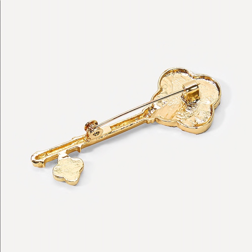Clover Cuff Brooch | Black Enamel + Rhinestone Gold Tone - Picture 7 of 9